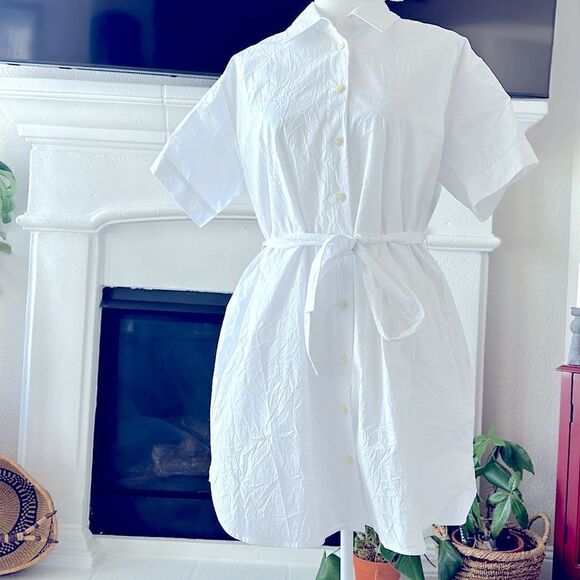 NWT Coach Wrinkled Button Down Dress White Short Sleeve Cotton Tie Pockets Mini - Picture 12 of 13